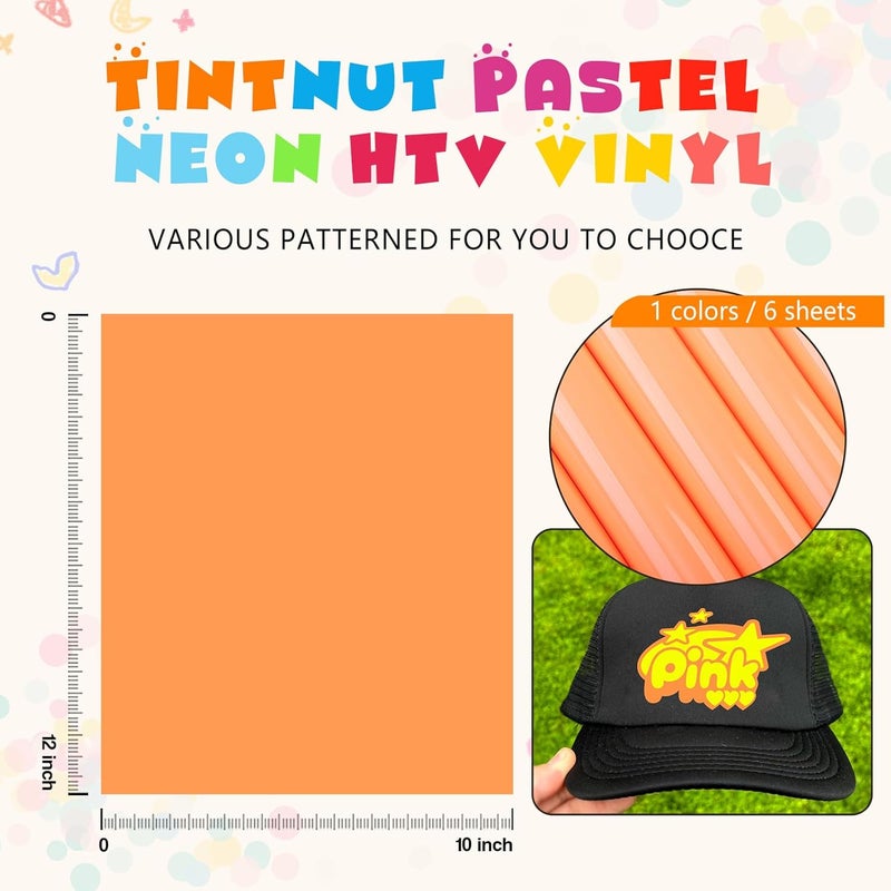 Tintnut Neon Heat Transfer Vinyl -6 Sheets 12" x 10" Pastel Neon Orange HTV Iron on Vinyl for Fabrics Pastel HTV Vinyl Compatible with Cricut and Silhoutte Cameo - Image 2